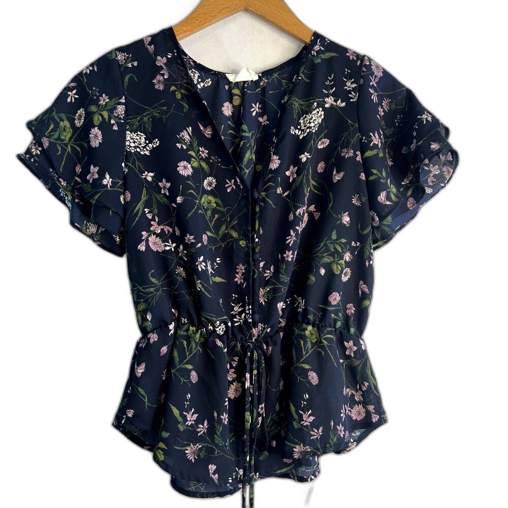 Sienna Sky Navy Floral Flutter Sleeve Cinched‎ Waist Peplum Blouse Size XS